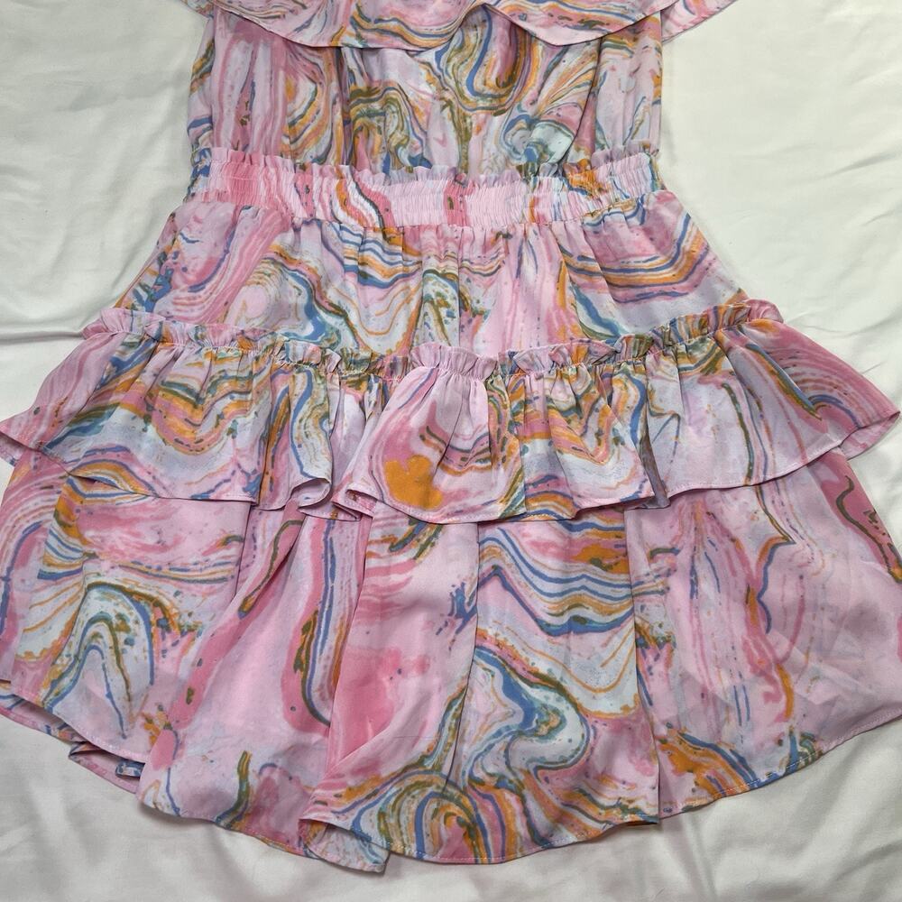 Buddy Love Dress Size M Pink Swirl Off Shoulder Smocked Waist Chiffon Mini NWT - Picture 6 of 12